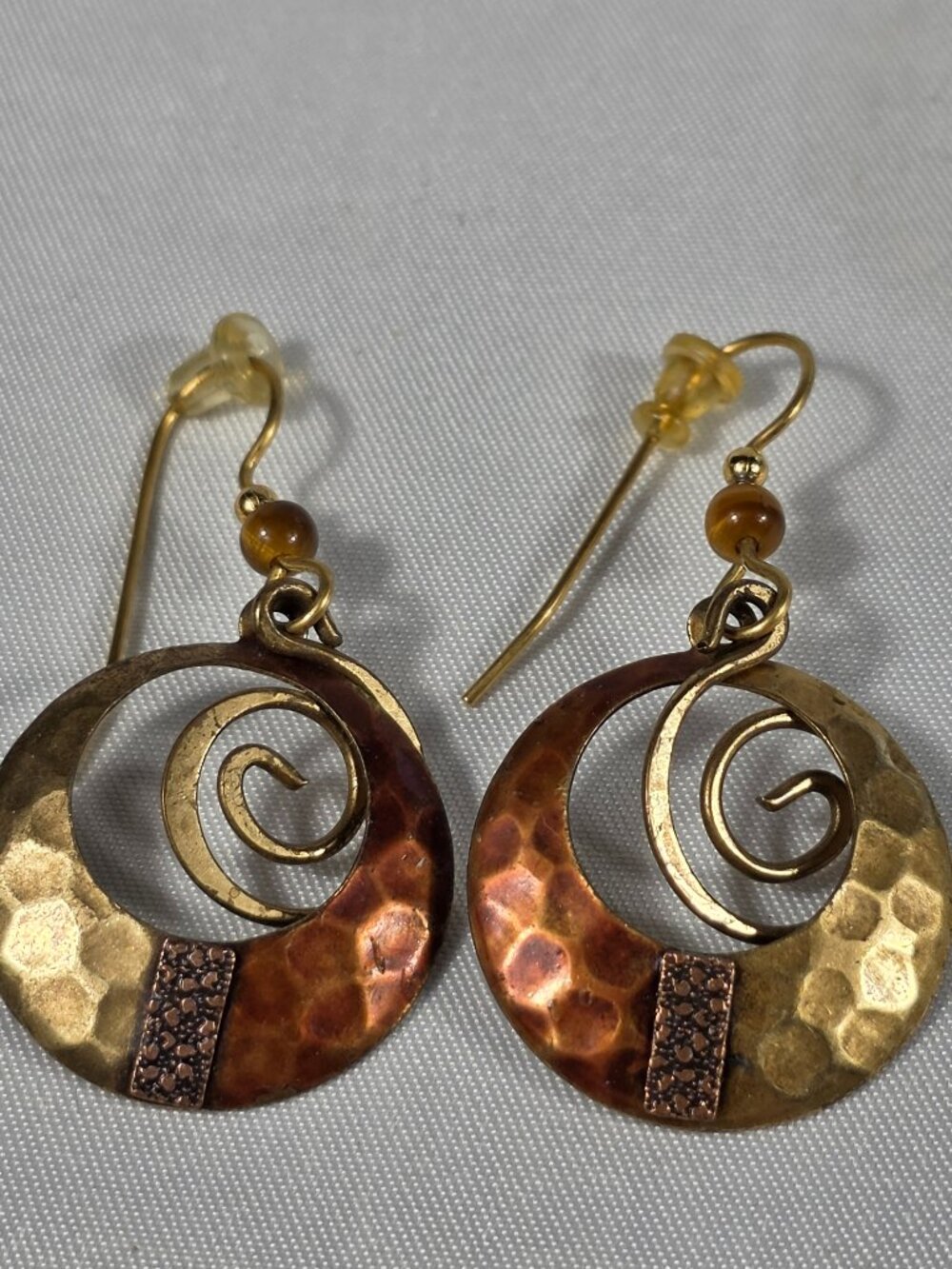 Silver Forest Dangle Wire Earrings Hammered Two-Tone Brass and Copper Spirals